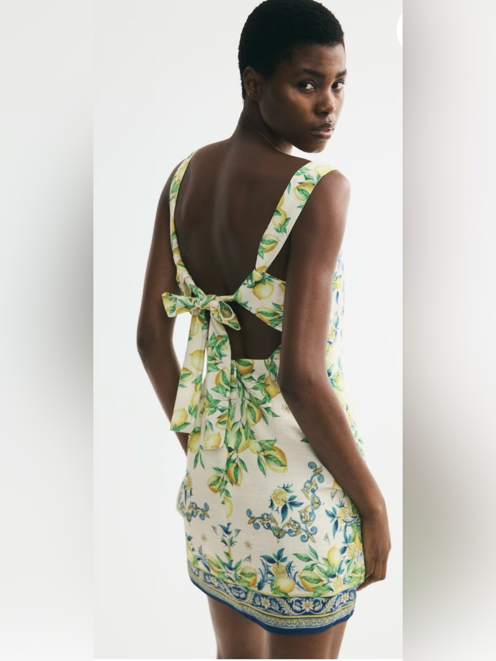 H&M Lemon-Print Open-Back Tie Dress in White and Yellow